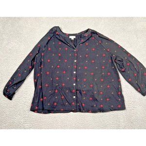 J Jill Black Button Front Blouse Shirt Diamond Arm Art Cotton Women's XL‎